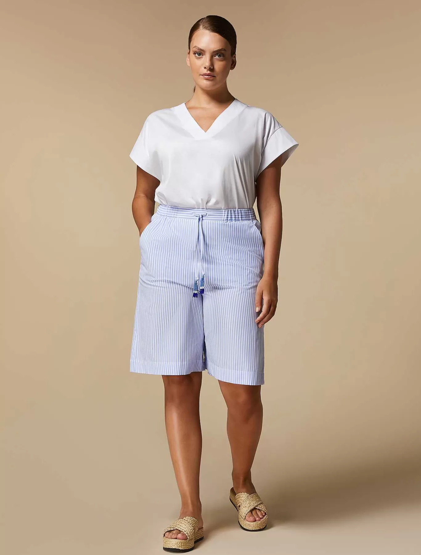 Discount Bermuda En Coton Teint En Fil Femmes Pantalon