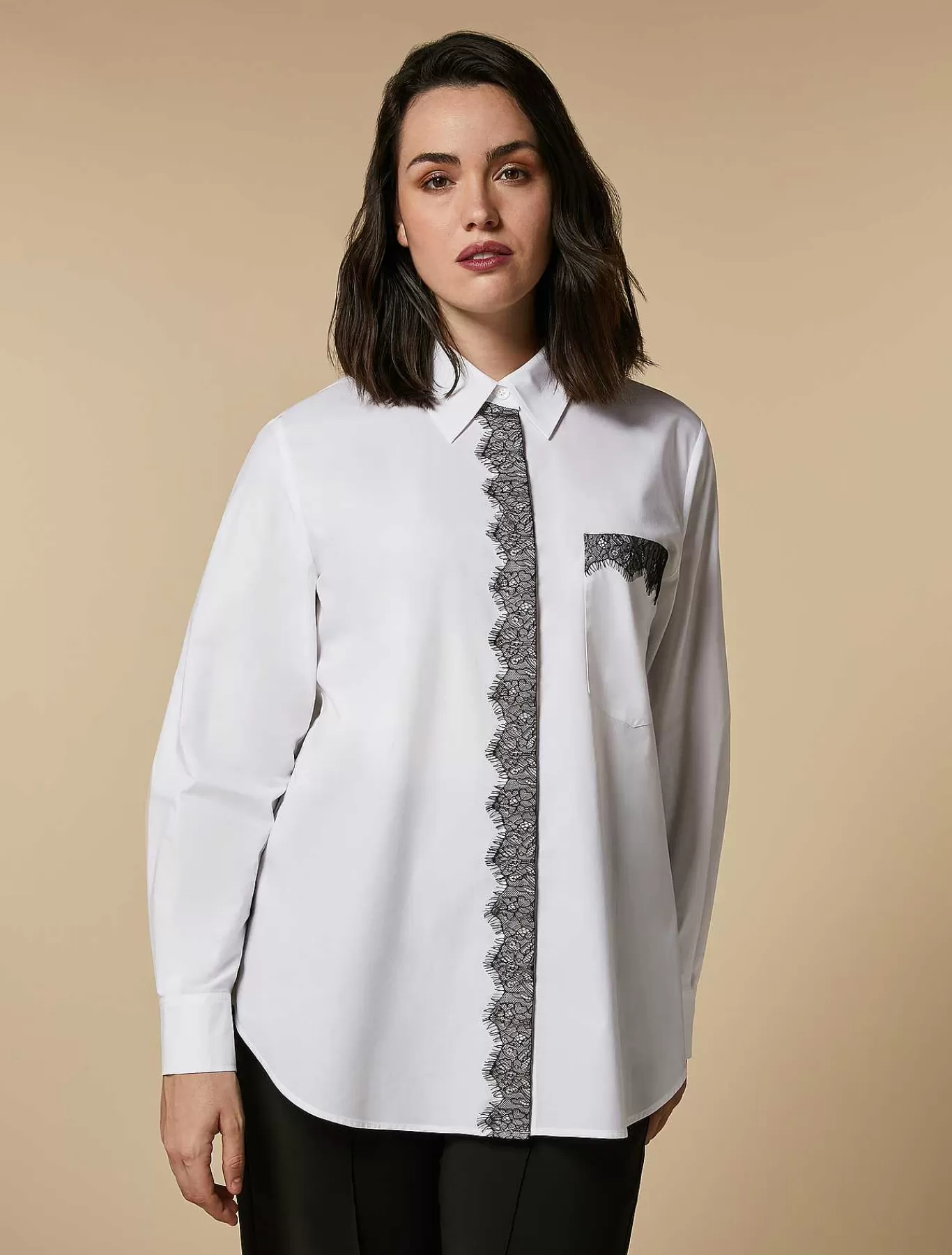 Online Chemise En Popeline Ornee De Dentelle Femmes Blouses Et Chemises